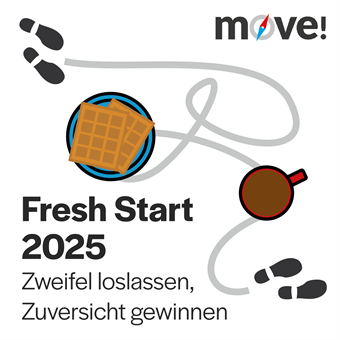 The graphic shows shoe prints, from which a gray line leads away. On the line is a plate of waffles and a filled cup. At the end of the line are footprints again. There is also bold text: "Fresh Start 2025." Below it is: "Let go of doubt, gain confidence"